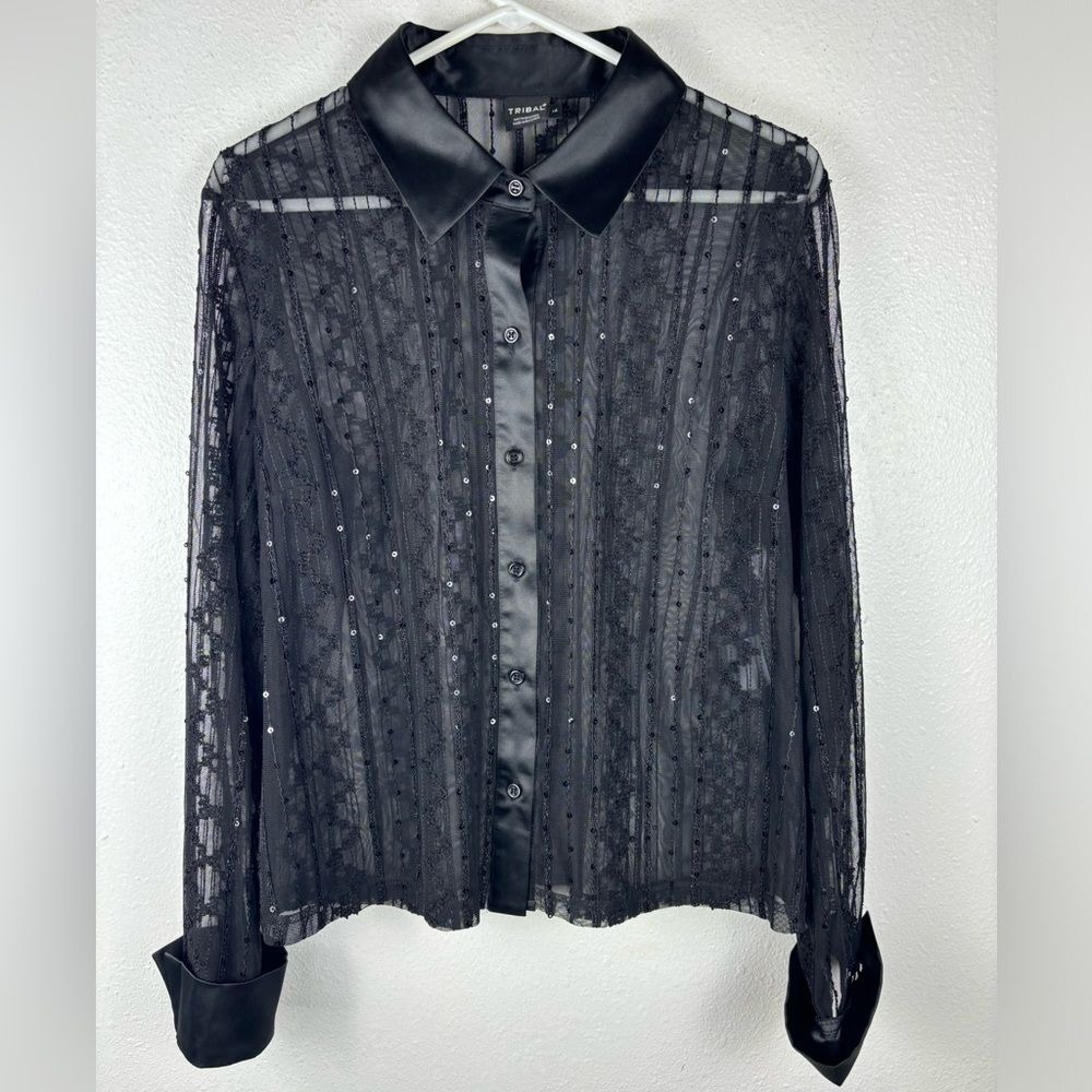 Tribal‎ Size 14 Women's Black Sheer Mesh Sequin Button Up Collared Blouse